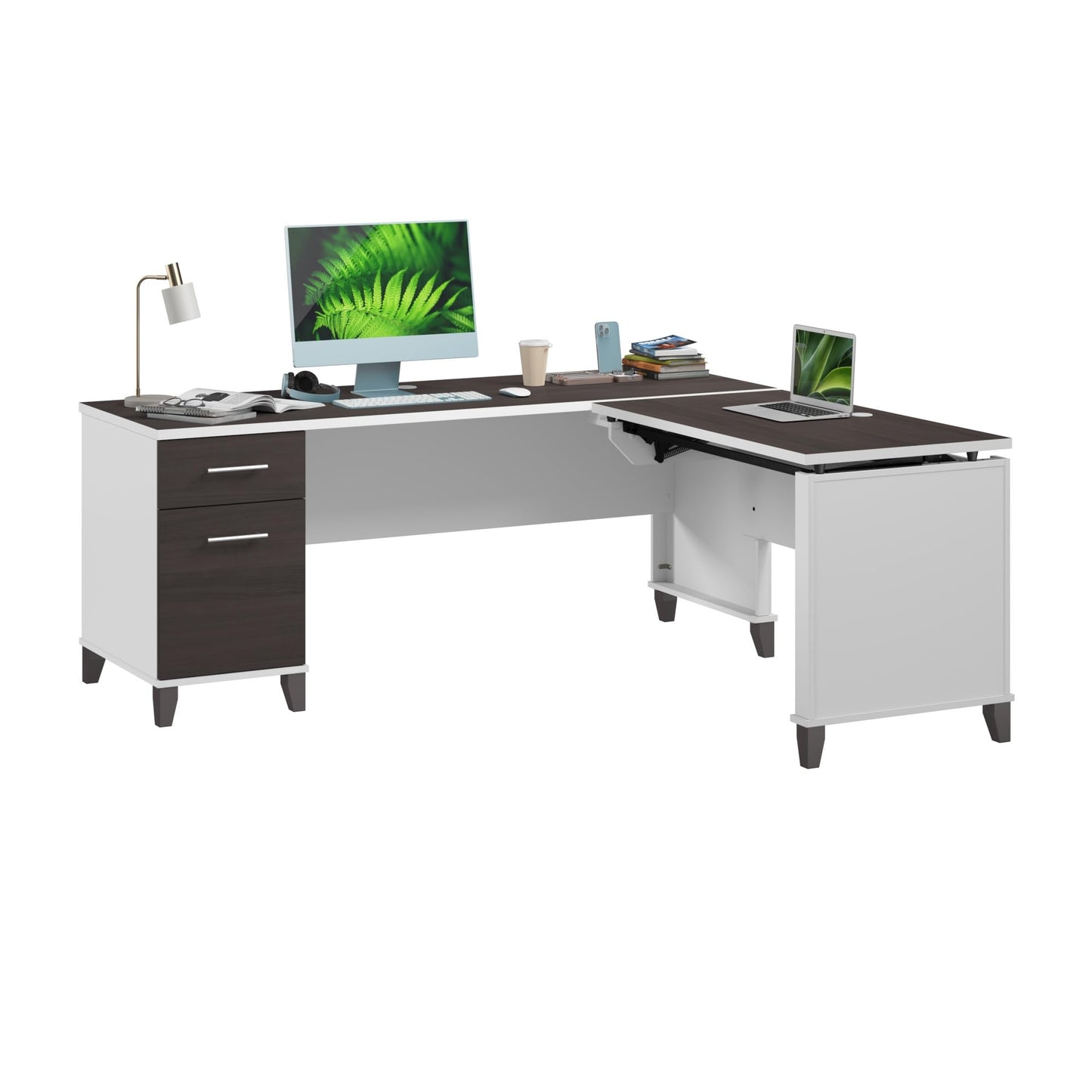 Bush Furniture Somerset 72W 3 Position Sit to Stand Adjustable Standing L Shaped Desk in White and Storm Gray, Ergonomic Corner Computer Office Table