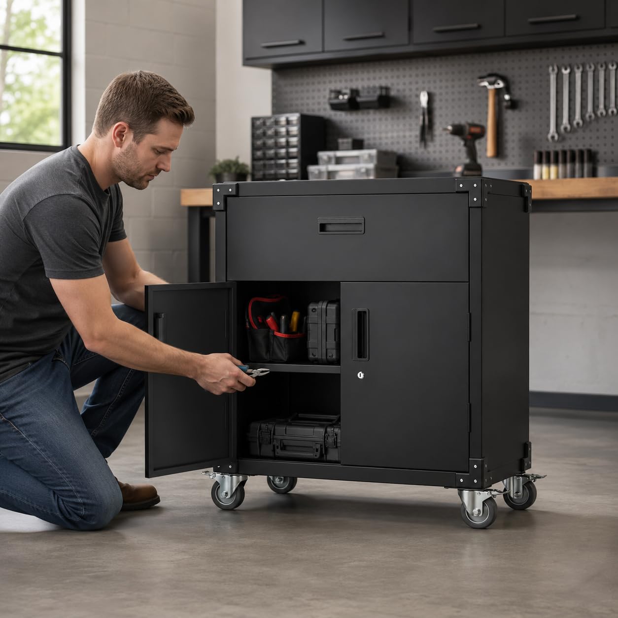 EliteEdge 31" Metal Storage Cabinet with Drawers and Wheels, Lockable Rolling Tool Cabinet, Heavy Duty Steel Utility Cabinet for Garage Workshop, Adjustable Shelf, Locking Wheels, Black