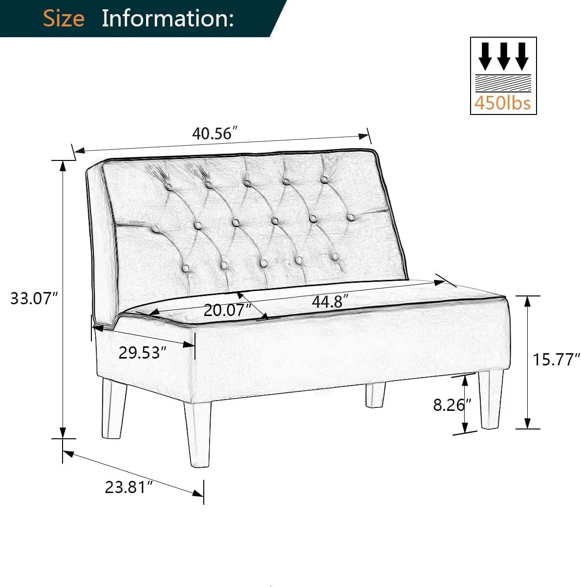 Alunaune Upholstered Blue Loveseat Bench Couch for Bedroom, Modern Cushioned Armless Settee Small Love Seat Sofa Faux Leather Living Room Couch
