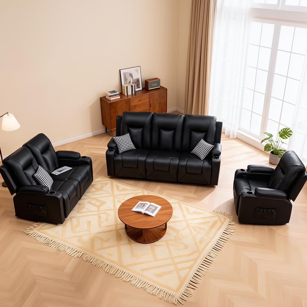 COMHOMA Living Room Furniture Set,Faux Leather Manual Recliner Sofa Sets with Cup Holders,Reclining Couch,Loveseat and Armchair,3+2+1,Black