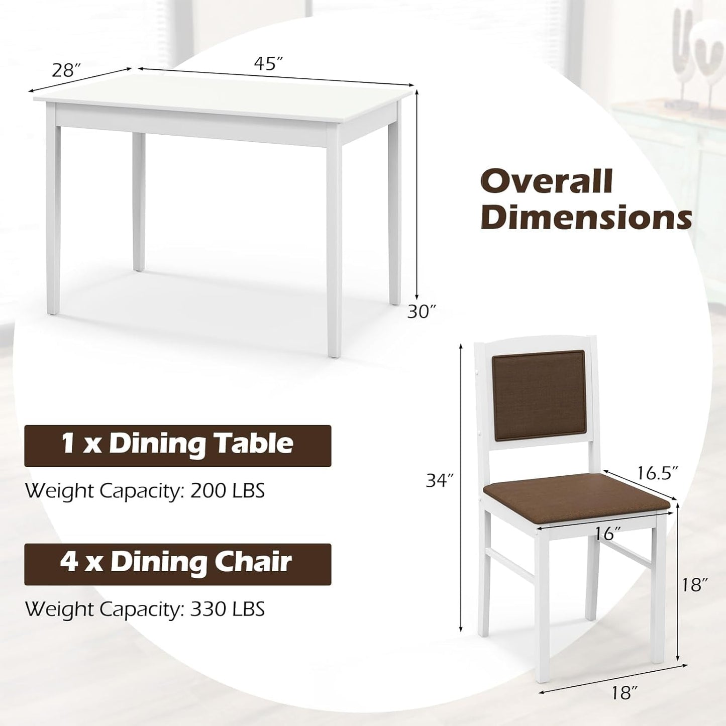 Tangkula Dining Table Set for 4, Farmhouse Solid Wood Dinette Set w/Rubber Wood Legs, Upholstered Seat & Padded Backrest, Mid-Century Modern Dining Table and Chairs Set for Kitchen, Dining Room