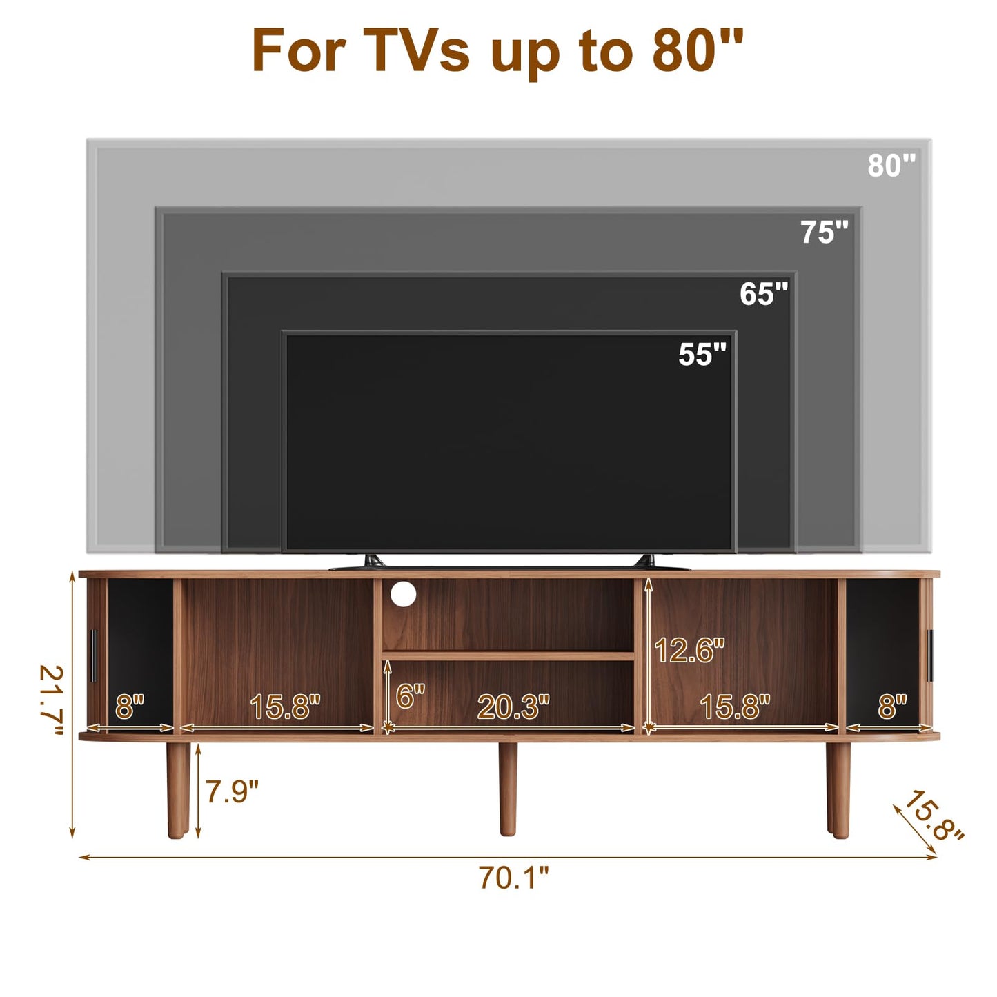 LMSXG-MZ Mid Century Modern TV Stand for Living Room, 70.1-Inch Media TV Console/Bedroom Entertainment Center with Sliding Doors, Fluted Under TV Cabinet for 55/65/75/80 Inch Tvs (Walnut)