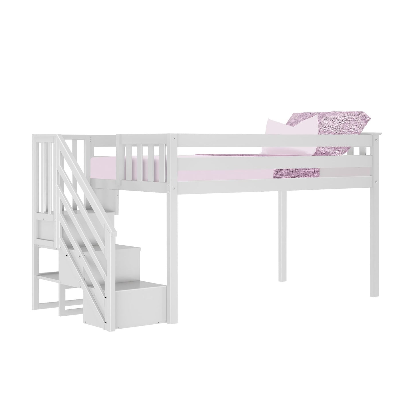 Max & Lily Low Loft Bed, Twin Bed Frame For Kids With Stairs, White