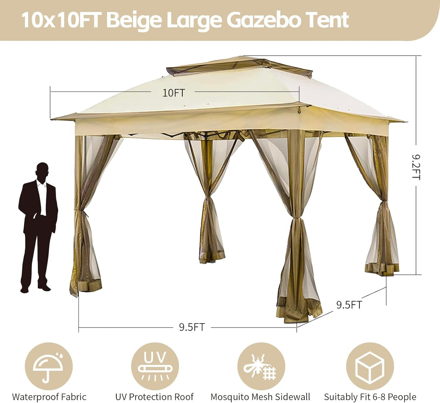 Solaroxy 10' x 10' Pop Up Gazebo Tent, Outdoor Screen Canopy Shelter, Instant Patio Sun Shade Gazebo Tent with 2 Tiers Roof & Mesh Netting for Garden, Lawn, Backyard, Party, Beige