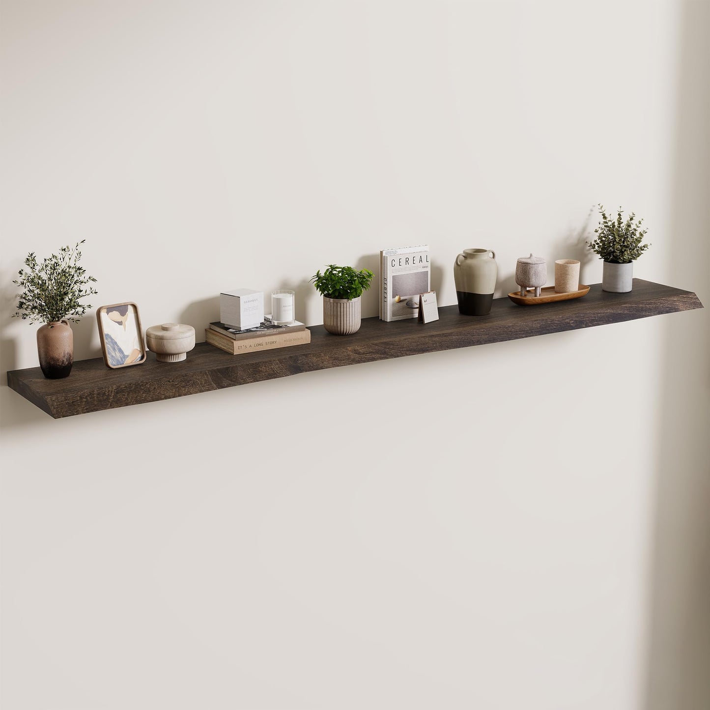 Axeman 72 inch Extra Long Floating Shelves for Wall - 8'' D Live Edge Rustic Solid Elm Wood Floating Shelves Wall Mounted, Wall Shelves with Invisible Bracket for Living Room Bedroom Kitchen, Walnut