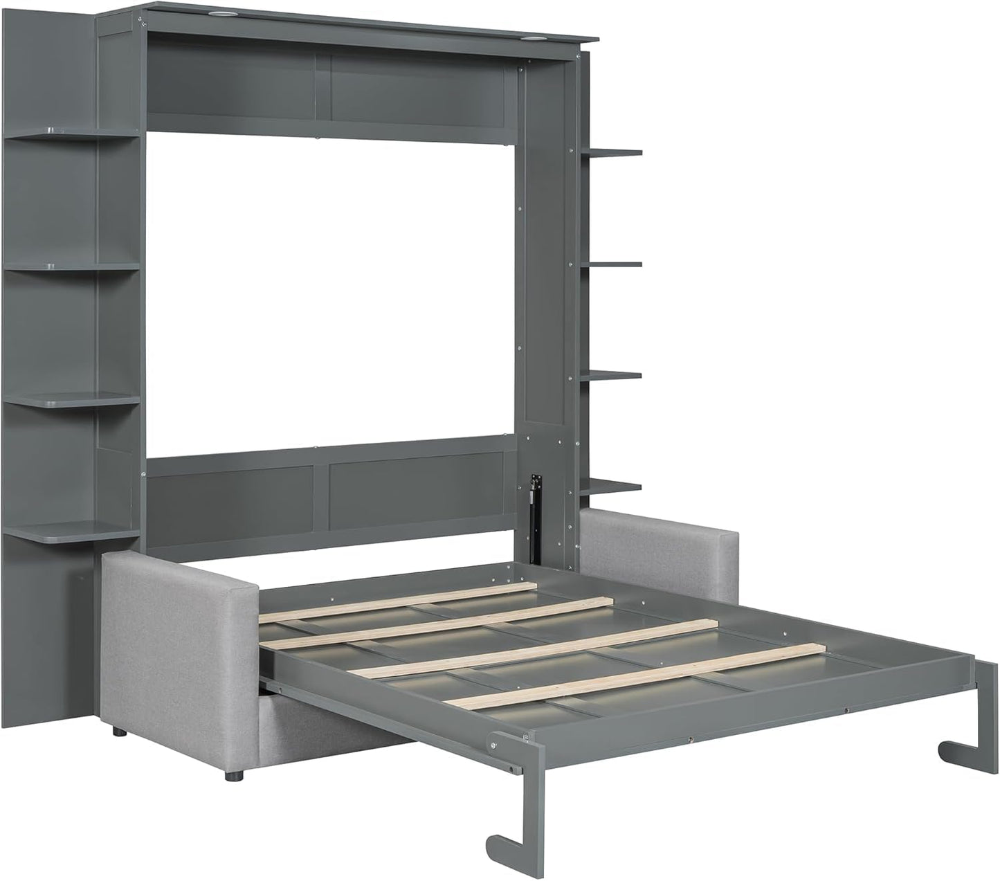 Queen Murphy Bed with Couch and Storage Shelves,Wood Murphy Wall Bed Cabinet with Storage Shelves and Sofa,Folding(Grey)