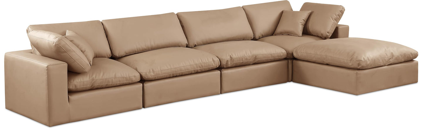 Meridian Furniture 188Tan-Sec5A Comfy Collection Modern | Contemporary Upholstered Modular Sectional, Soft Tan Vegan Leather, Fiber-Filled, 158" W x 79" D x 34.5" H, Tan