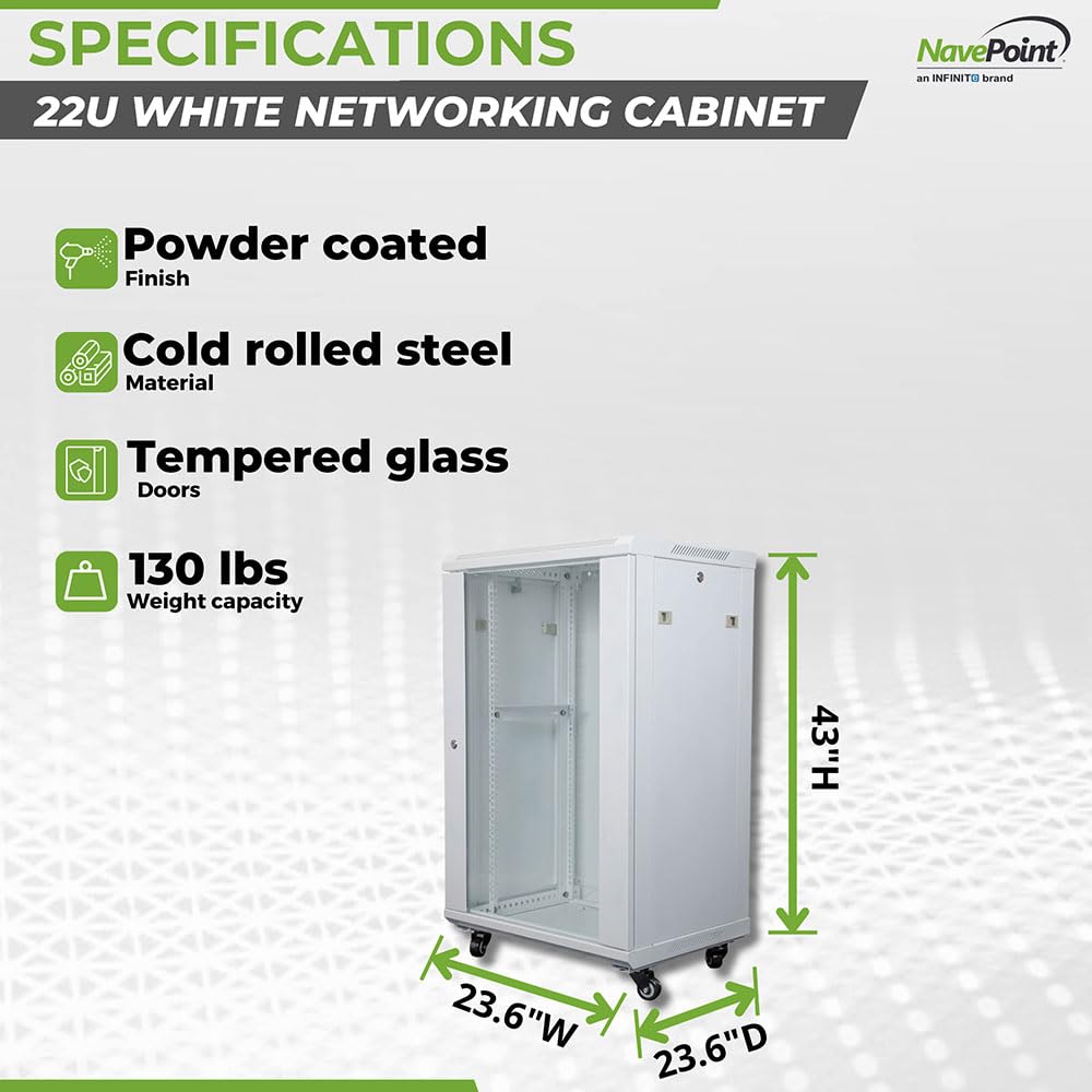 NavePoint 22U Network Cabinet with Glass Door – 22U Wall Mount Server Cabinet White 19” Rack for IT Equipment, AV Devices, Networking Equipment –23” Deep Server Rack Enclosure w/Wheels