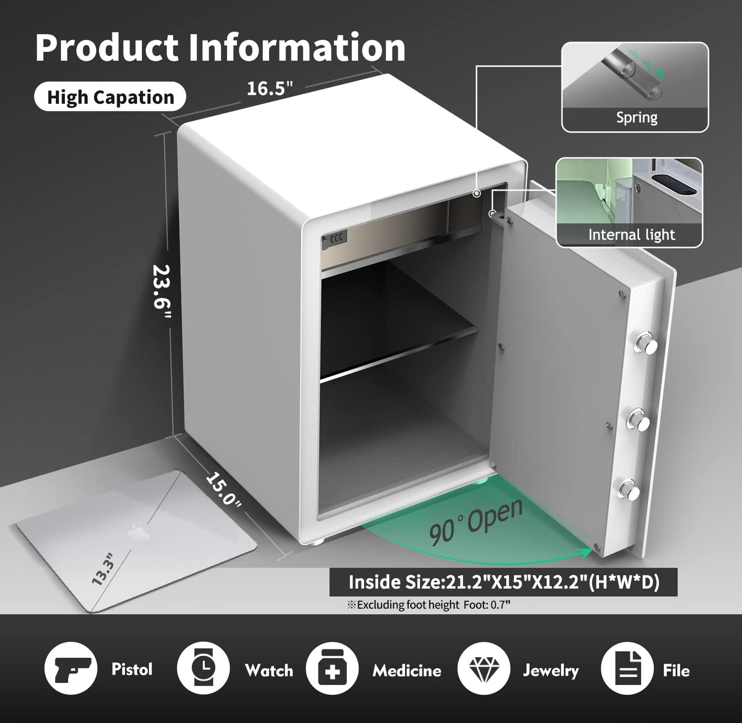 KAPUCI Biometric Fingerprint Touchscreen Safe, 3.38 Cuft Heavy Duty Auto-Open Safe Box with Digital Virtual Code,Led Light,Security Steel Home Safe for Wardrobe,Office