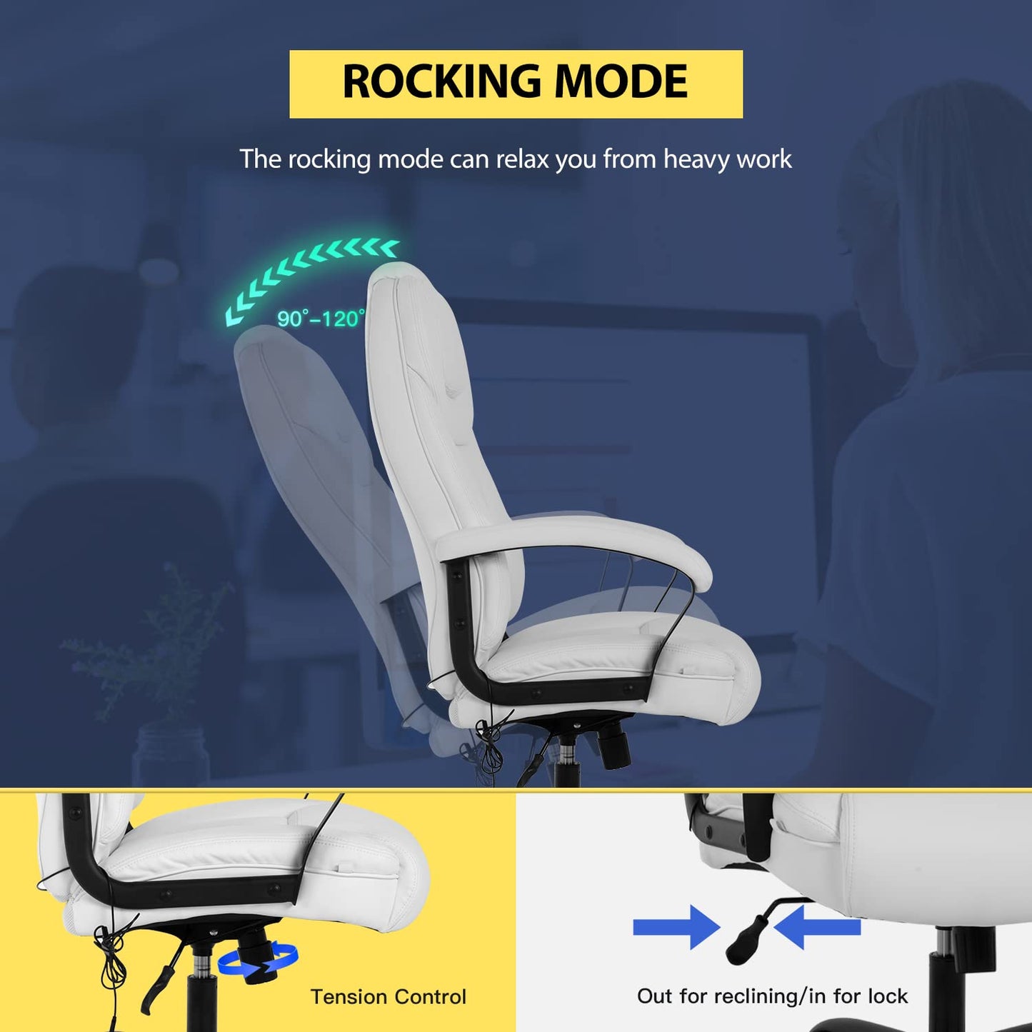 Big and Tall 500lbs Wide Seat Ergonomic Desk Chair with Lumbar Support Arms Headrest Massage Office Chair Rolling Swivel PU Leather Task Computer Chair for Adults (White)