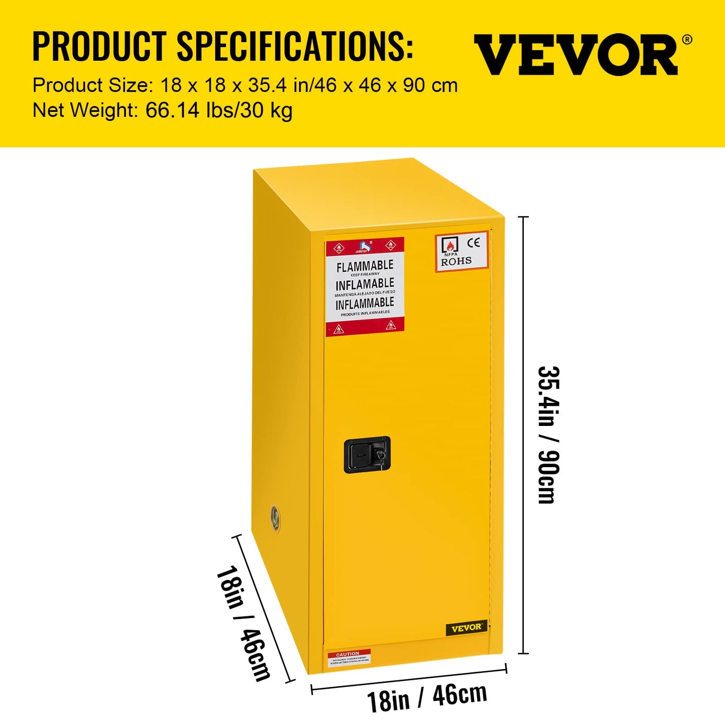 VEVOR Flammable Cabinet 18" x 18" x 35", Galvanized Steel Safety Cabinet, Adjustable Shelf Flammable Storage Cabinet, for Commercial Industrial and Home Use, Yellow: Industrial & Scientific
