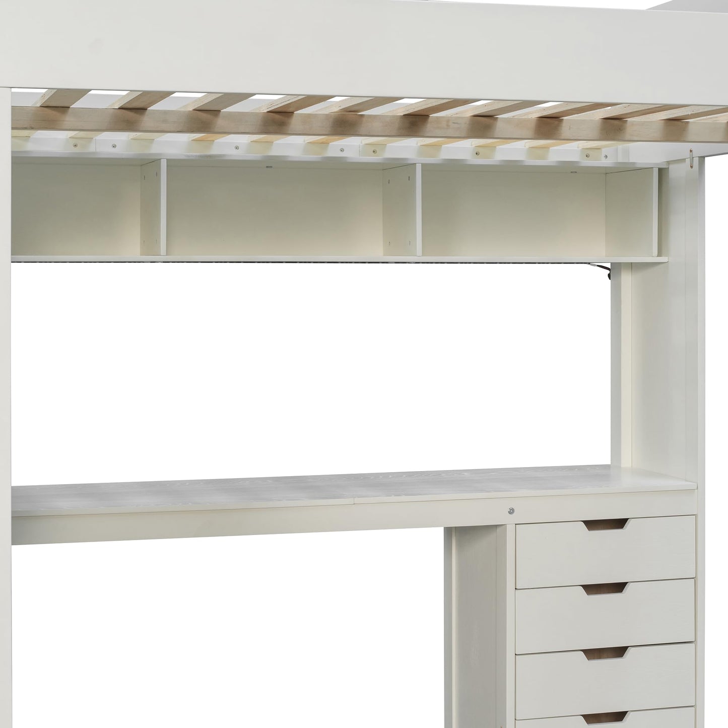 Merax Wood Twin Loft Bed with Desk & 4-Tier Bookshelf & 4 Drawers & Top Storage Shelves, Ash Veneer Bed Frame with Guardrails, Smart APP Control Light Strip, USB Charging Ports, Bear 400lbs, White