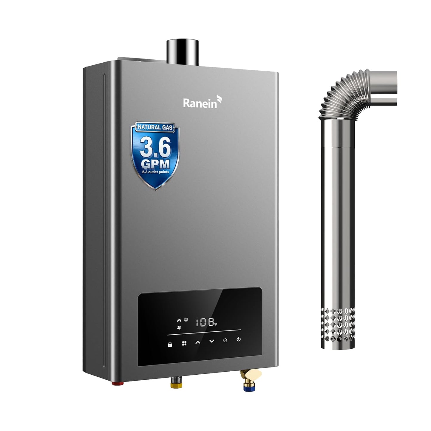 GEN II Ranein Natural Gas Tankless Water Heater Max 3.6 GPM, 80,000 BTU Indoor On Demand Instant Hot Water Heater with LED Temperature Control Panel