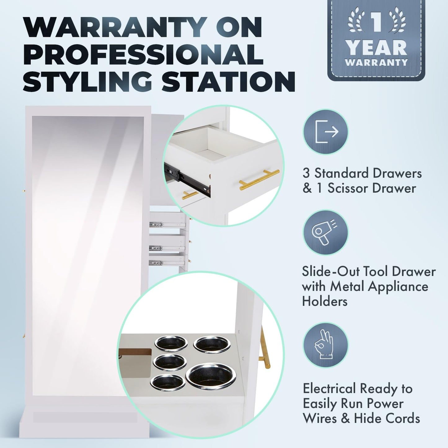 Buy-Rite Modena Single-Sided Styling Station - Gloss White, Full-Length Mirror, Storage Cabinets, Drawers, Pull-Out Tool Tray, Electrical Ready, Space-Saving Salon Station for Professionals, NIN-MS-01