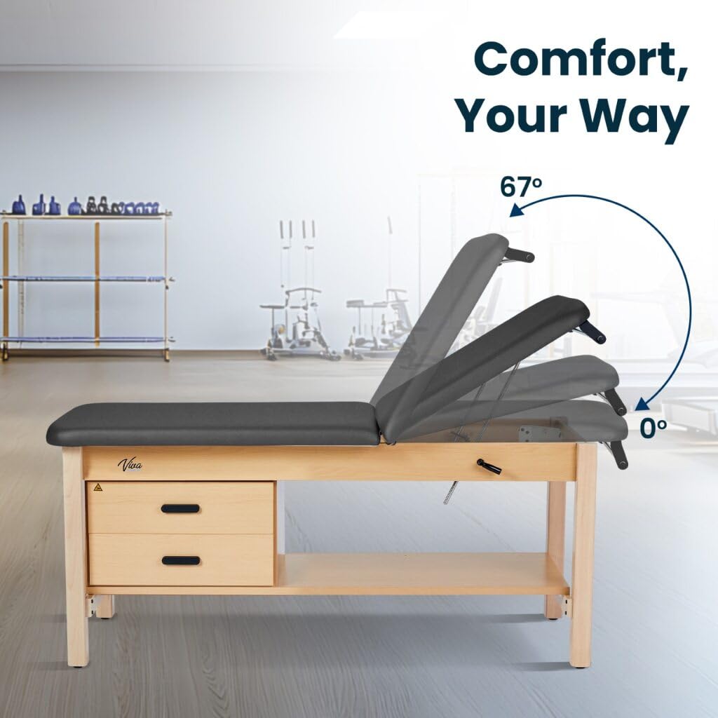 Vivacomfort Aristo H-Brace Tilted Treatment Table with Shelf and Drawers, 500 lbs Weight Capacity, Black
