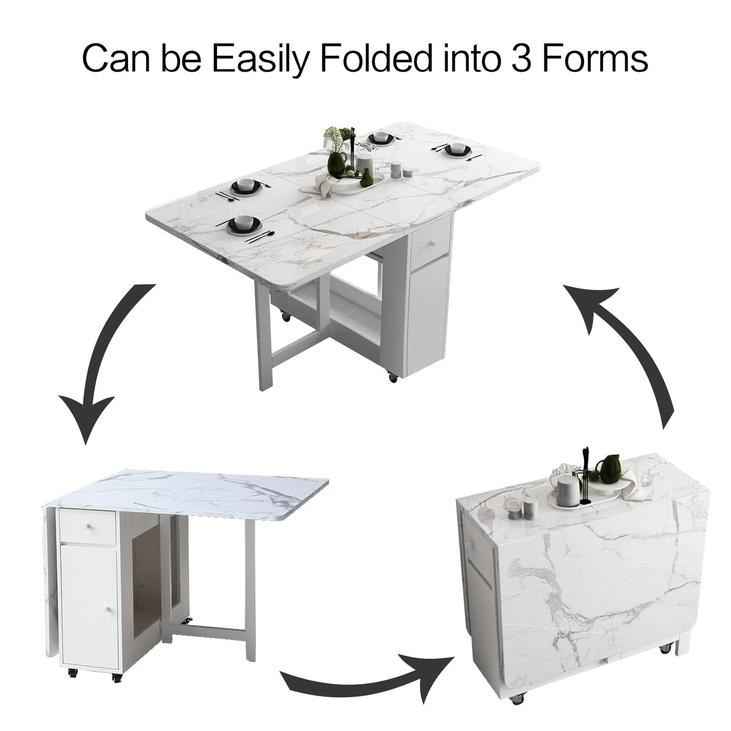 FUNROLUX Folding Dining Table with Rack and 2 Storage Drawers, Movable Extendable Space Saving Kitchen Table in 3 Forms (White)