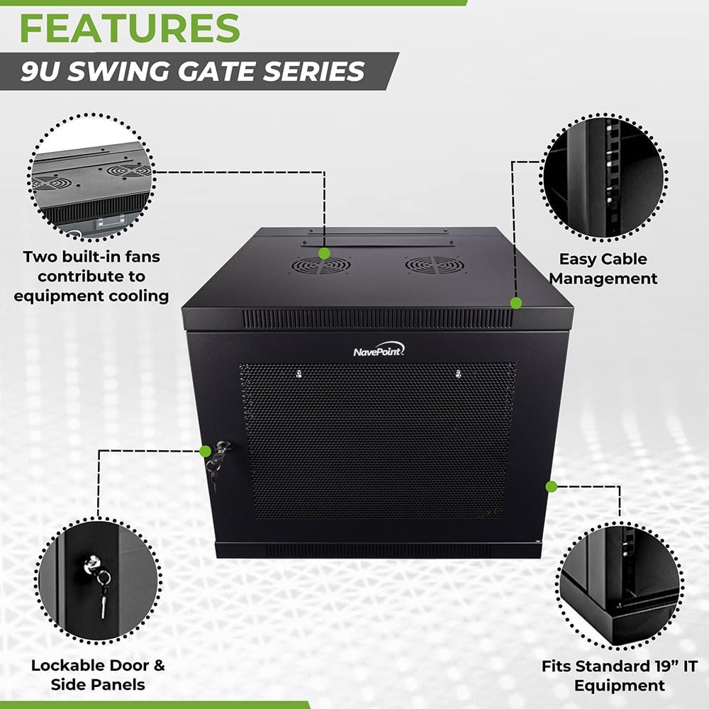 NavePoint 9U Server Cabinet with Hinged Back - 17.7” Deep, Server Rack Enclosure with Locking Perforated Door, Wall Mount Rack with Removable Side Panels, Network Cabinet, Pre-Assembled