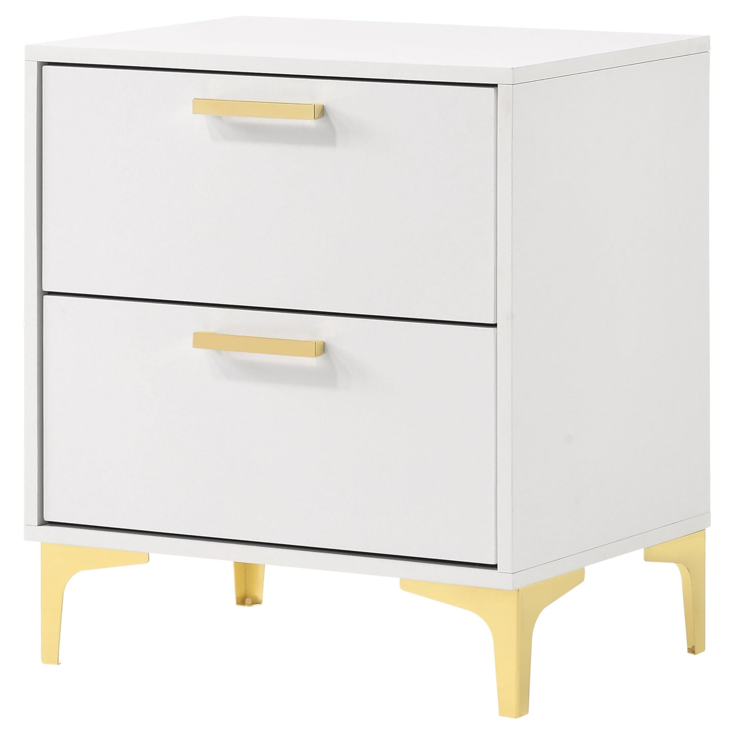 Coaster Home Furnishings Kendall 2-Drawer Contemporary Nightstand Bedroom Storage Cabinet Bedside Table Engineered Wood Eco-Friendly Laminate with Gold Metal Legs and Handles White 224402