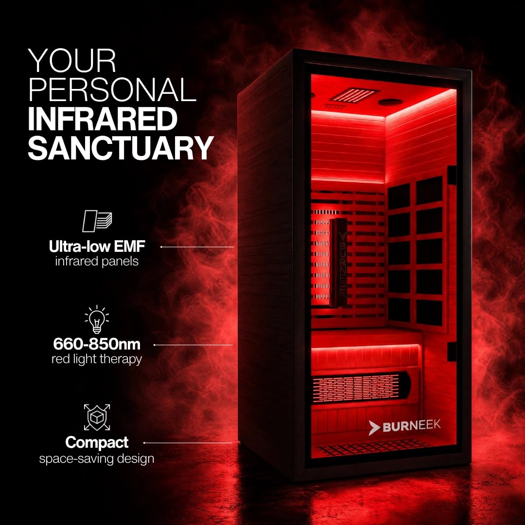 Burneek Infrared Sauna - Sauna Box for Home Sauna with Quartz Heaters, Low EMF, Chromotherapy, Bluetooth Speakers - Red Light Sauna for Relaxation & Wellness, Infrared Sauna with Red Light Therapy