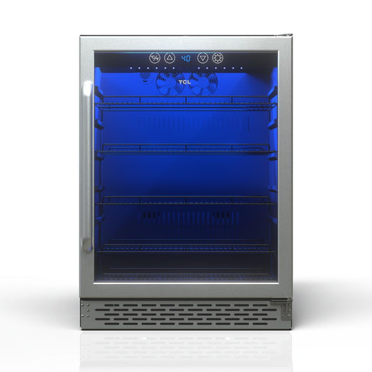 TCL 161 Can 24 In Beverage Cooler, Freestanding Mini Fridge with Glass Doors, Removable Shelves, Digital Controls & LED Lighting for Water, Soda, Energy Drinks