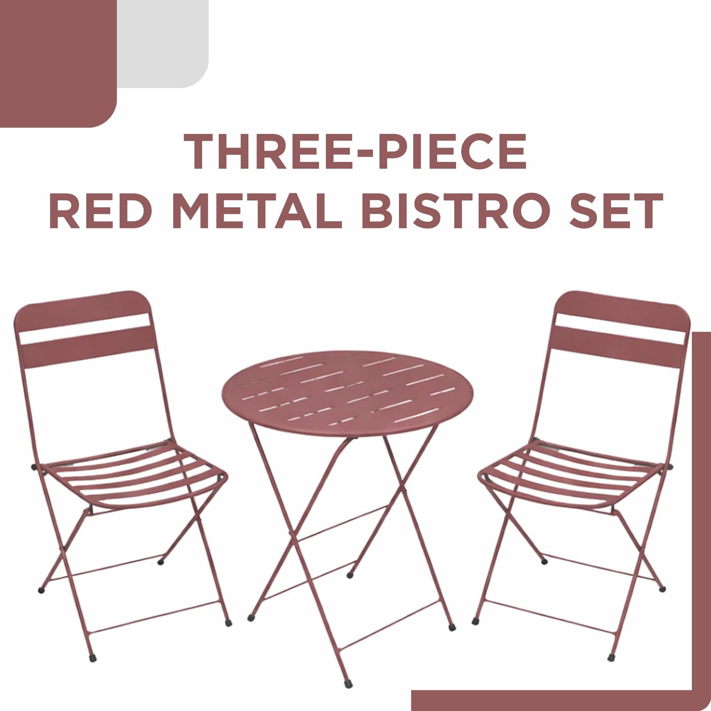 Alpine Corporation VTFAM168A-RD 3-Piece Red Metal Folding Bistro Set – 20" Round Patio Table with 2 Folding Chairs – Portable Indoor/Outdoor Balcony & Garden Furniture Set