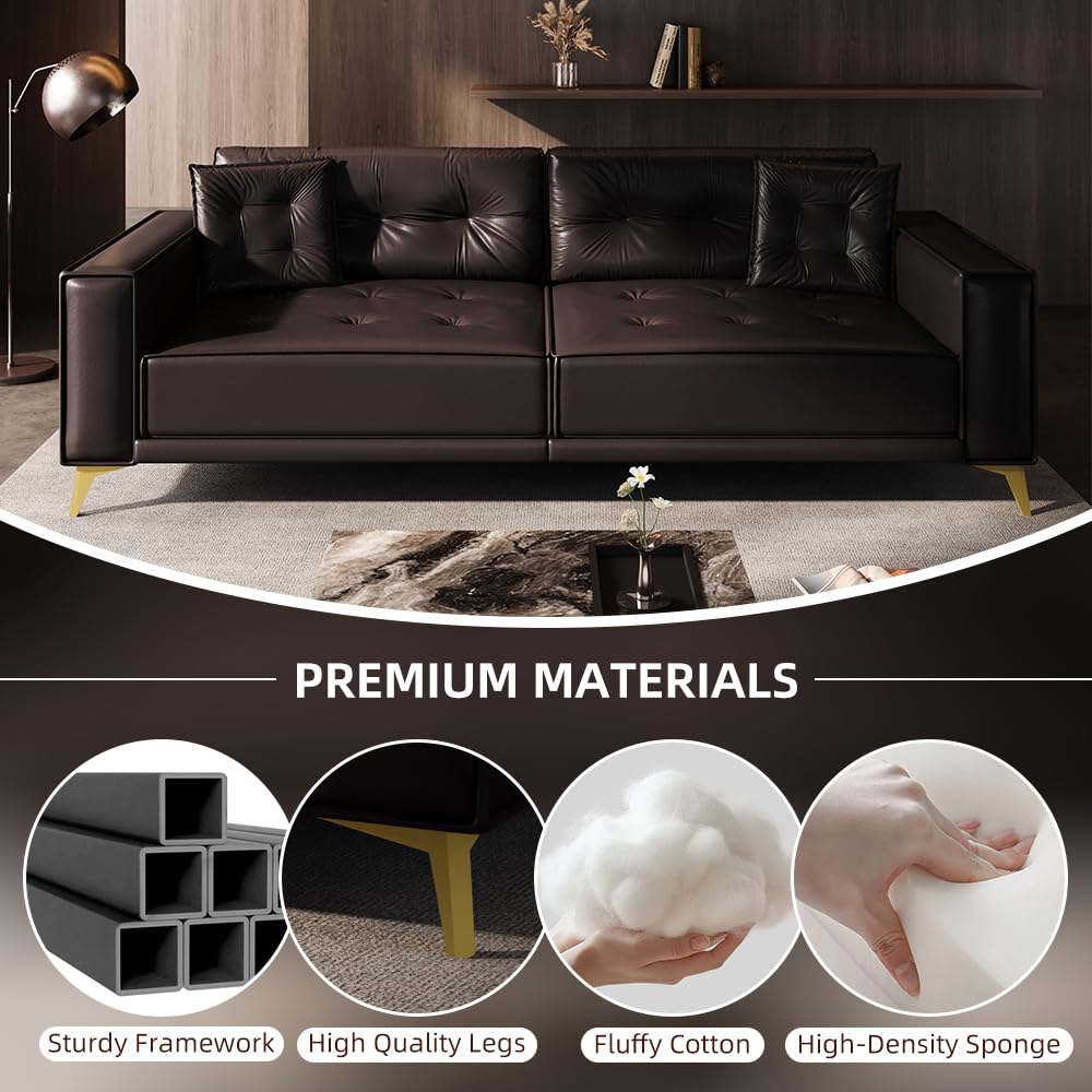 KEIKI 92.1" King Size Pull Out Sofa Bed, 3-in-1 Faux Leather Convertible Sleeper Clouch with 2 Pillows, 4-Seater Sofa Bed for Living Room, Apartment, Office, Dark Brown