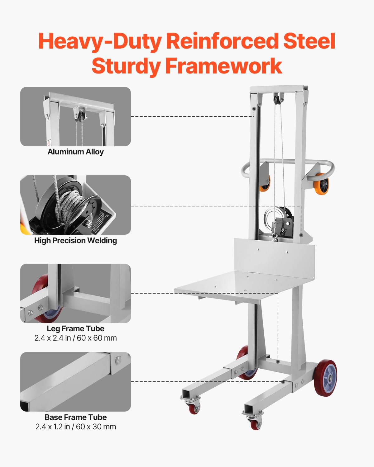 VEVOR Material Lift Winch Stacker, 400 lbs Capacity Pallet Truck Dolly, 51.1 in Max Lifting Height Manual Winch Stacker, Multifunctional Manual Pallet Truck Stacker with Wheels and Adjustable Plate
