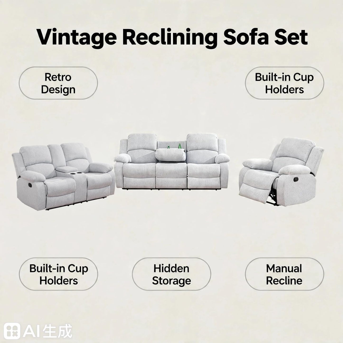 Trygoal Manual Recliner Sofa Set, Linen Reclining Couch with Storage Console, Cup Holders and Convertible Coffee Table, Adjustable Backrest Recliner Couch for Home Theater, Apartment, White Grey