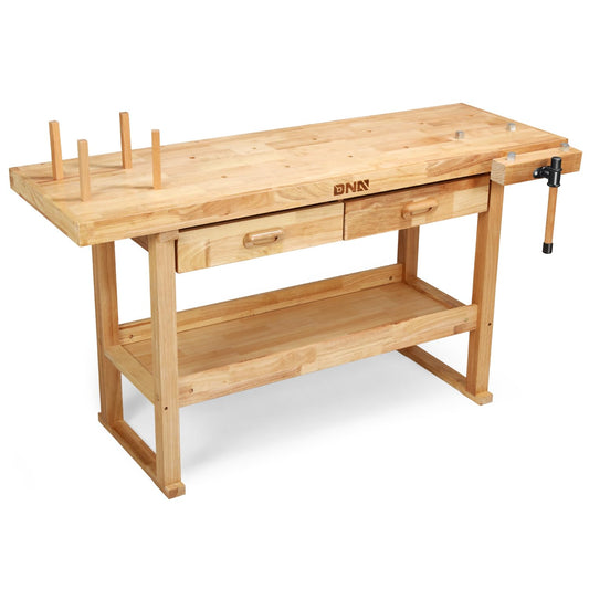 DNA Motoring Heavy Duty Wood Workbench, Wooden Workbench with 2 Drawers for Workshop, Garage, W/Adjustable Handle, TOOLS-00521