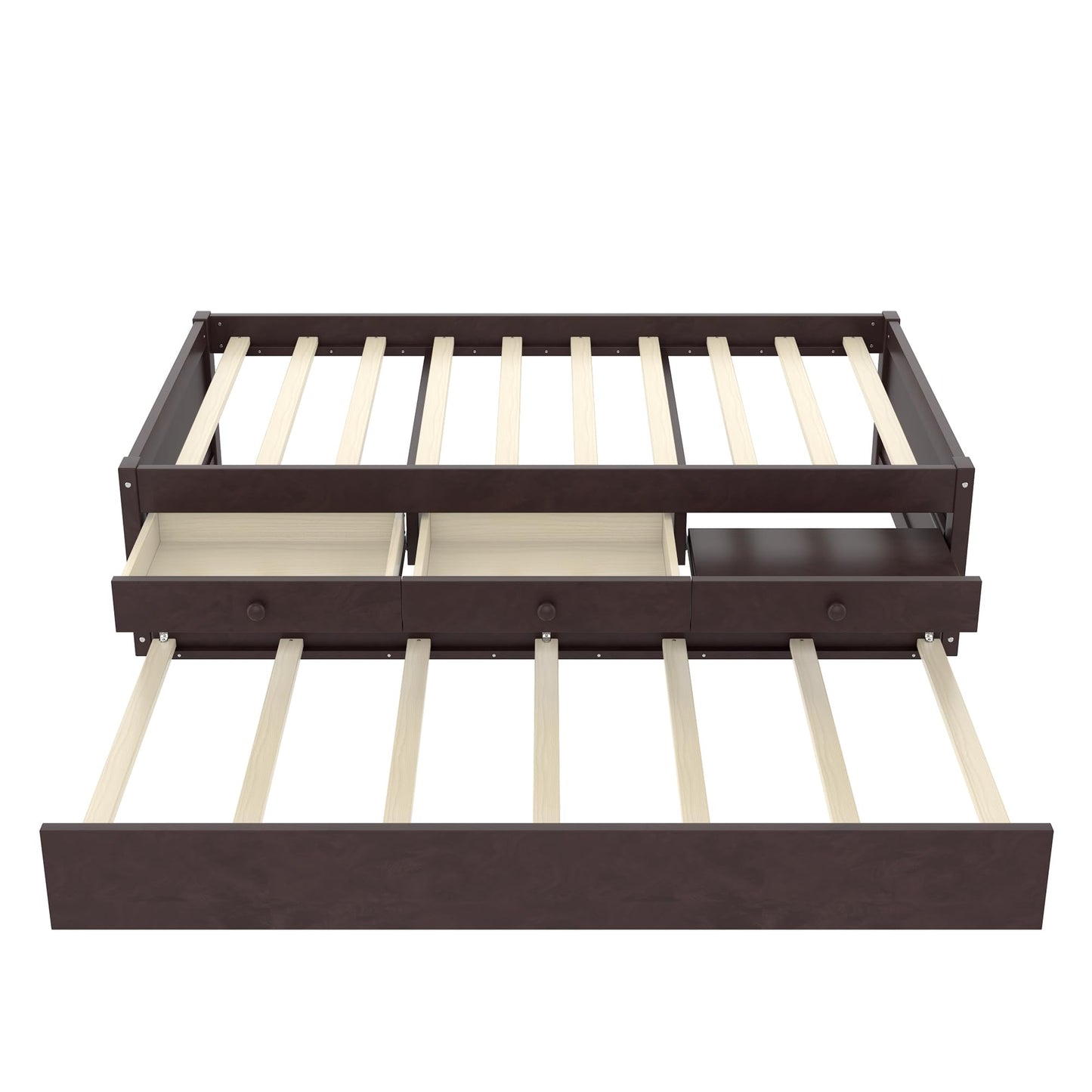 Twin Platform Bed with Trundle and Storage Drawers, Solid Wood Daybed with Power Outlets and Full-upgraded Slats, Twin Bed Frame for Bedroom, Guests, Living Room, No Box Spring Needed, Espresso