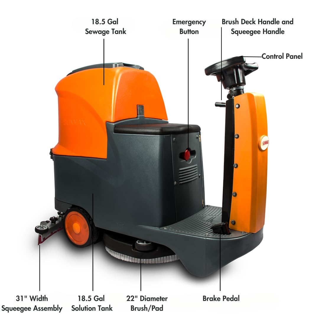 SUNMAX 22" Ride-On Floor Scrubber Machine, 18.5 Gal Tanks, 48,000 Sq.Ft/H Efficiency, 3.5H Fast-Charging Lithium Battery – Commercial & Industrial Floor Cleaning Machine