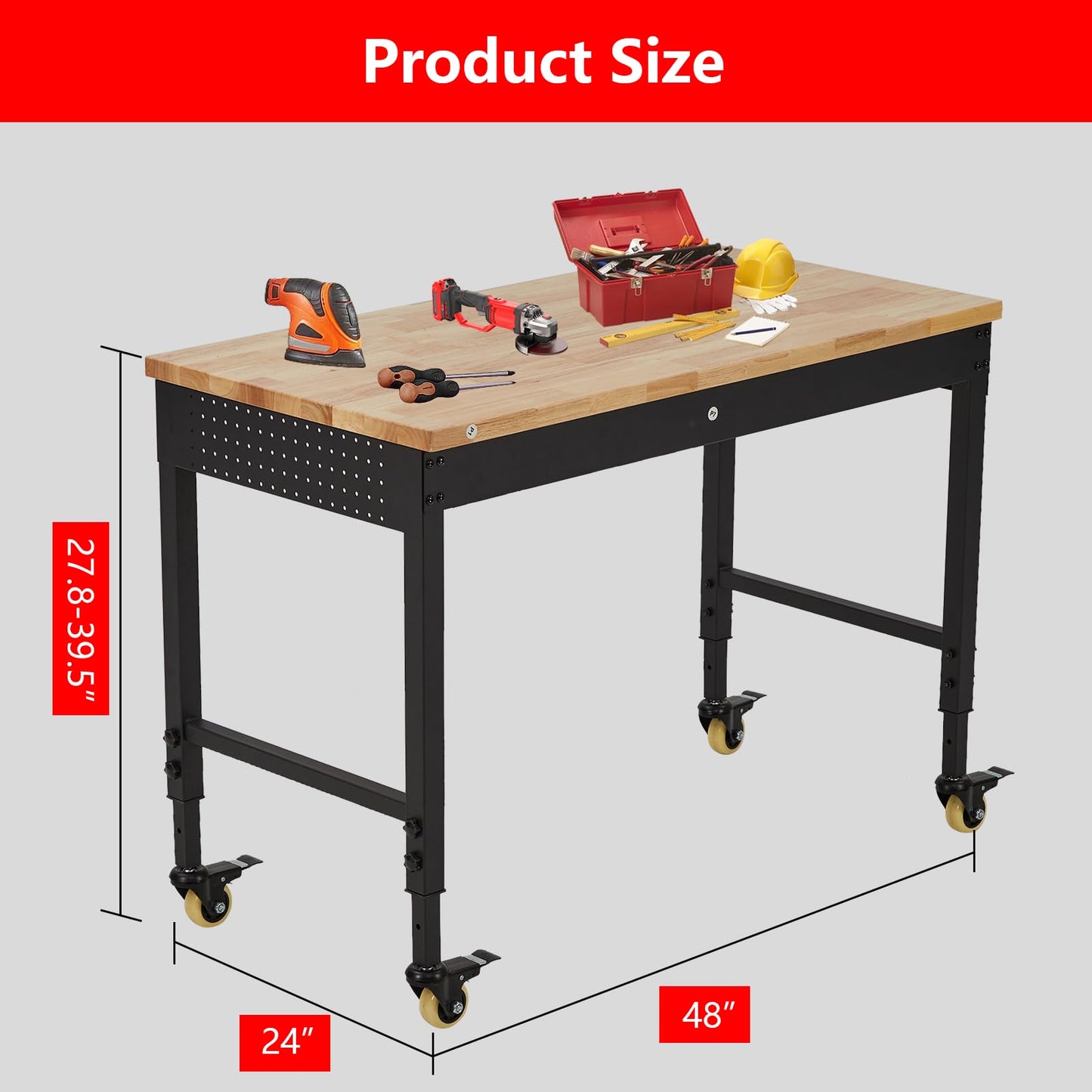 ACONEE 48" Adjustable Workbench, Heavy Duty Workstation 2000 LBS Load Capacity, Rubber Wood Top Workstation with 4 Rolling Casters, Power Outlets, Metal Frame, Wood Top Workbench for Workshop Garage
