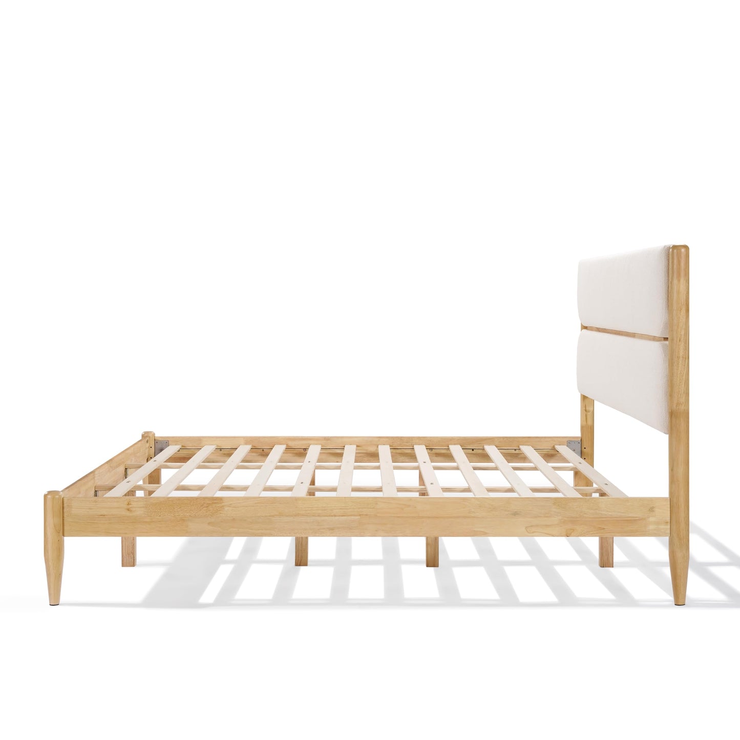 Merax Solid Wood Bed Frame King Size with Fleece Sponge Upholstered Headboard, Solid Rubber Wood Frame, Elegant King Platform Bed, Ample Underbed Storage Space, Bear 800lbs, Ivory
