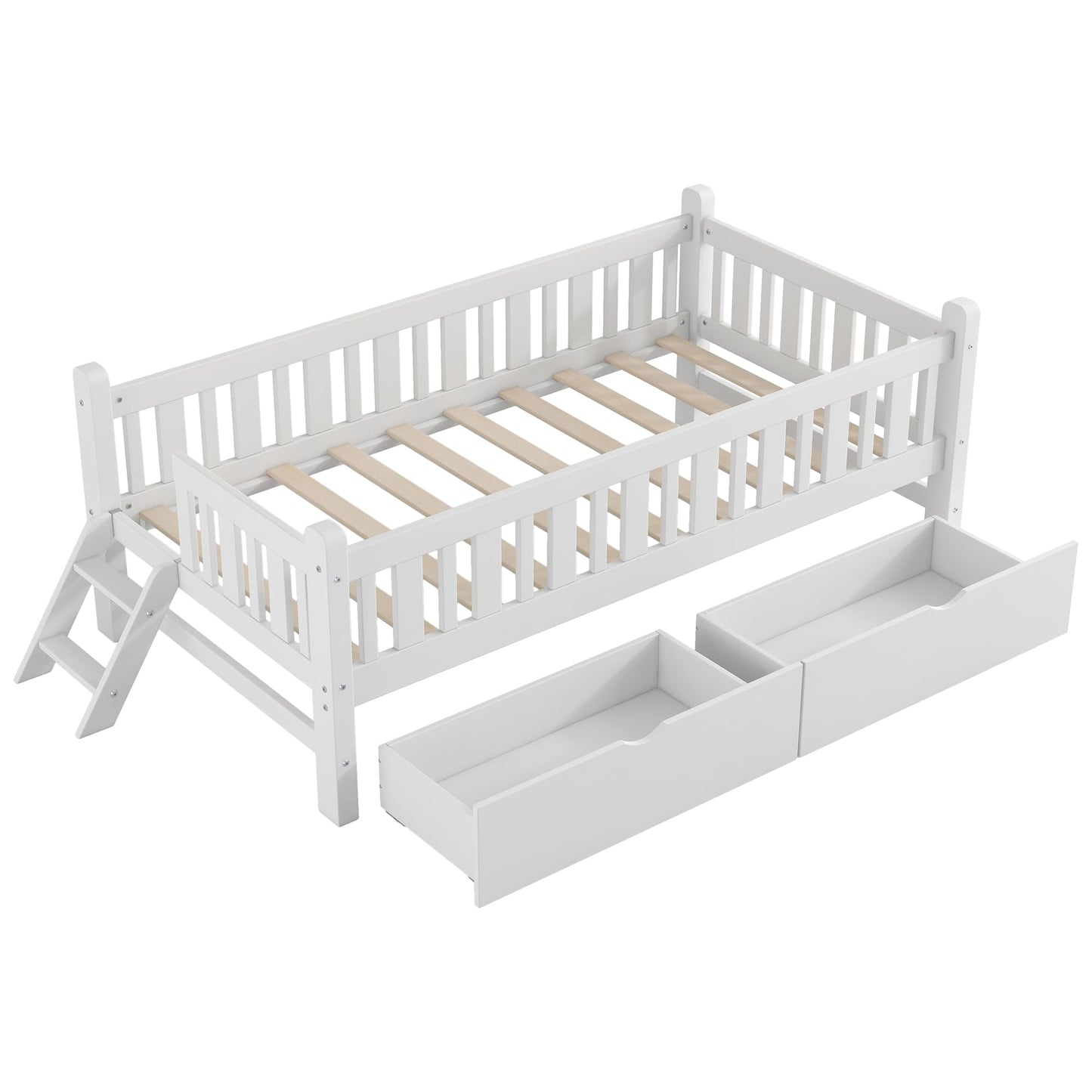 Merax Wood Twin Size Platform Bed with Guardrail and 2 Drawers, Kids Bed Frame with Stairs, White