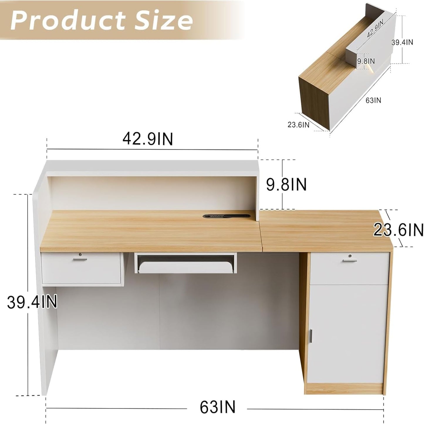 Reception Desk with Cabinet,63 Inch Modern Front Desk Reception with Cable Grommet and Keyboard Tray,Ample Workspace, Easy Assembly,for Office,Checkout Counter,Hotel Lobby(White)