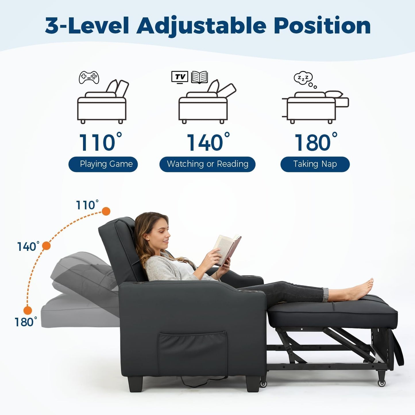 4 in 1 Convertible Sleeper Chair Bed with Vibration Massage Lumbar Pillow, Single Sofa Recliner Featuring USB/Type-C Port, Cup Holders & Side Pocket, Space-Saving Pull Out Bed for Small Spaces, Black