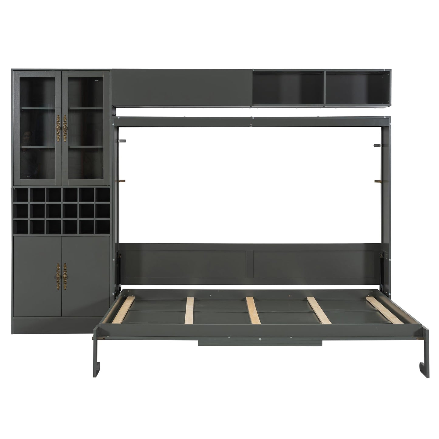 Merax Queen Size Murphy Bed Wall Bed with Sofa, Shelves, USB & Light - Space Saving Foldable Bed for Small Apartments, Grey