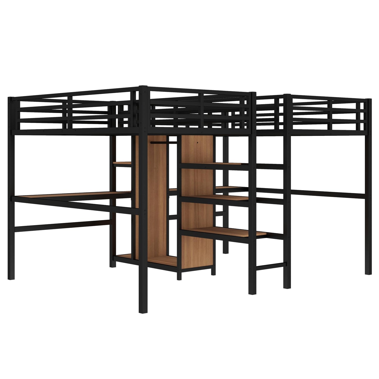 Bellemave Twin Over Twin Metal Loft Bed with Desk and Wardrobe for 2 Kids,Twin Size Heavy Duty Double Loft Bed Frame with Charging Station and Shelves for Boys,Girls,Adults,Woodgrain