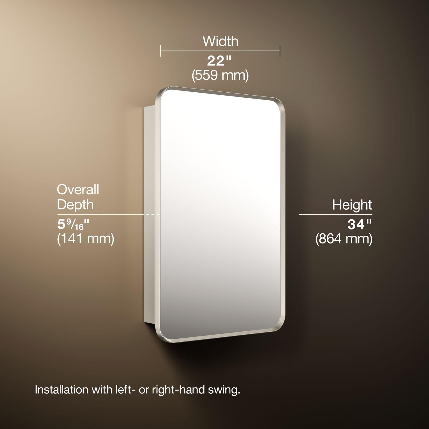 Kohler 35570-BNL Verdera® Framed Bathroom Medicine Cabinet with Mirror, Rectangular Design, Mirrored Interior, Adjustable Glass Shelves, Rustproof, 22 in. W x 34 in. H, Brushed Nickel