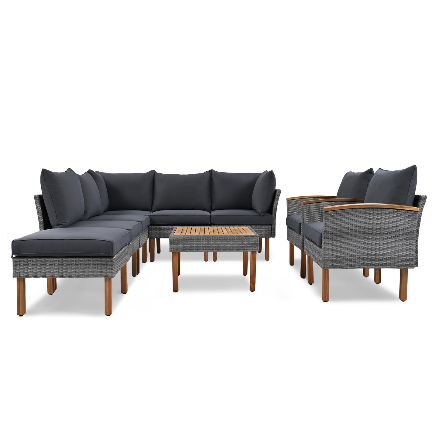 9 Piece Patio Rattan Furniture Set with Acacia Wood Legs, Outdoor Sectional Conversation Seating with Coffee Table, PE Wicker Modular Sofa with Washable Cushions for Backyard, Garden, Deck, Poolside