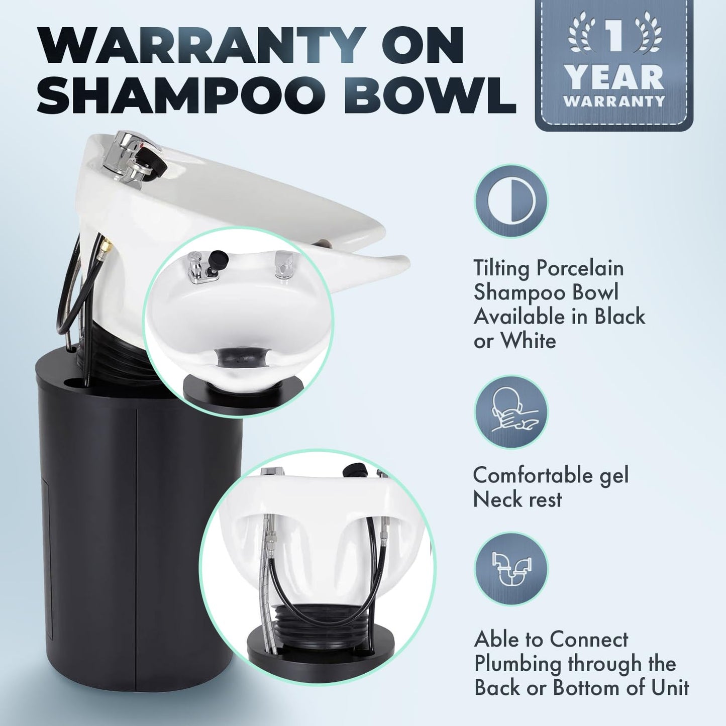 Buy-Rite Paris Pedestal Shampoo Unit with Black Metal Base with Tilting Porcelain Shampoo Bowl, Easy Access Rear Plumbing Door, NIN-030BLACKBASE-WHT (White Bowl)