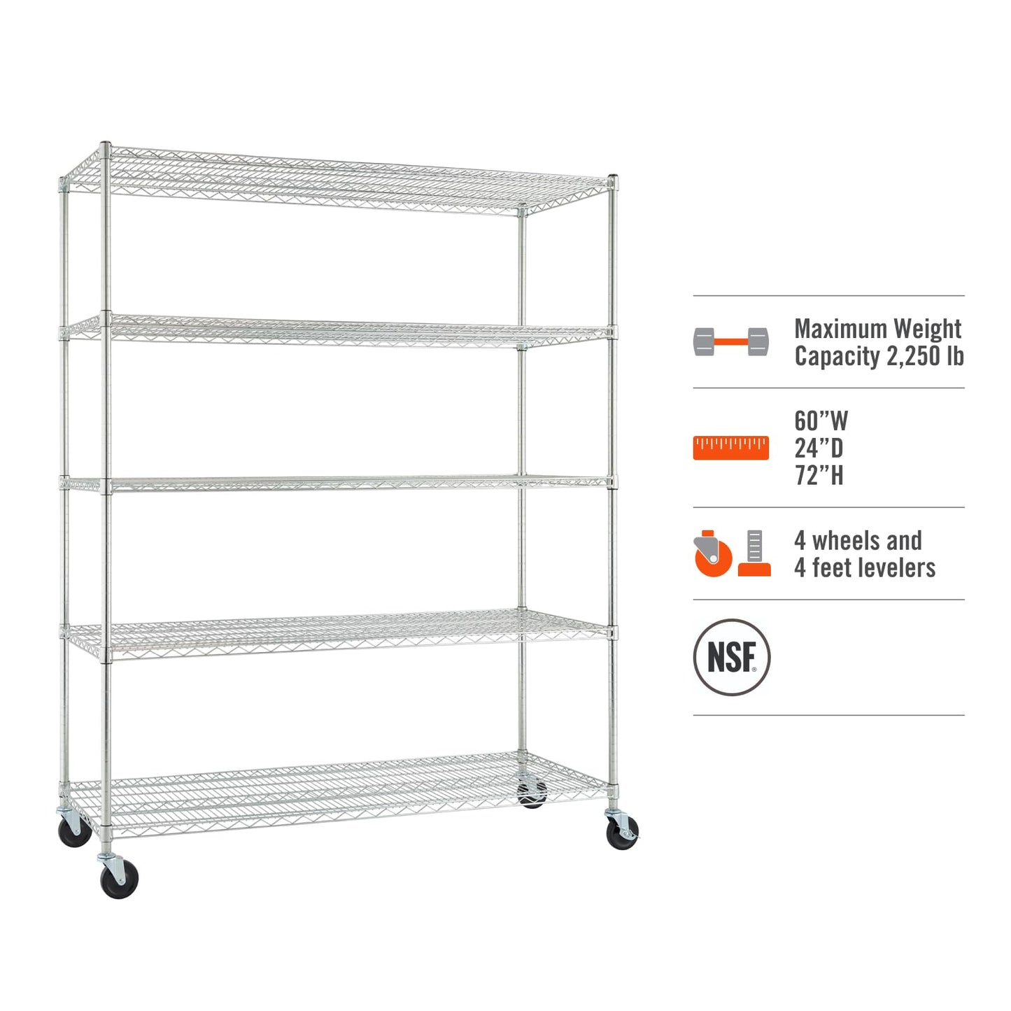 Trinity Basics TBFC-0931 5-Tier Adjustable Wire Shelving with Wheels for Kitchen Organization, Garage Storage, Laundry Room, NSF Certified, 600 to 2250 Pound Capacity, 60” by 24” by 77”, Chrome