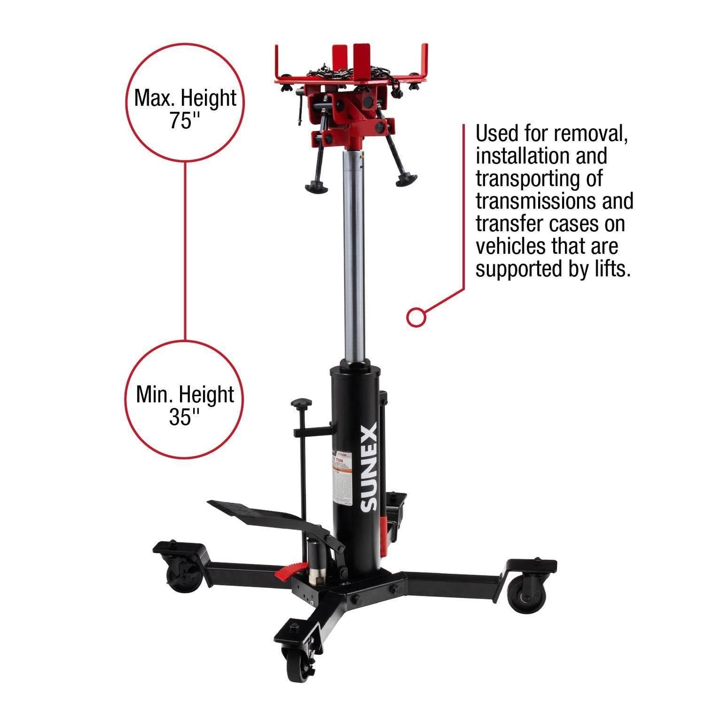 Sunex Tools 7793B 1,000 lb Telescopic Transmission Jack, Hydraulic, Foot Pump Operated, Tilt Saddle with Chain Tie-Down, 74.2 in Max Height