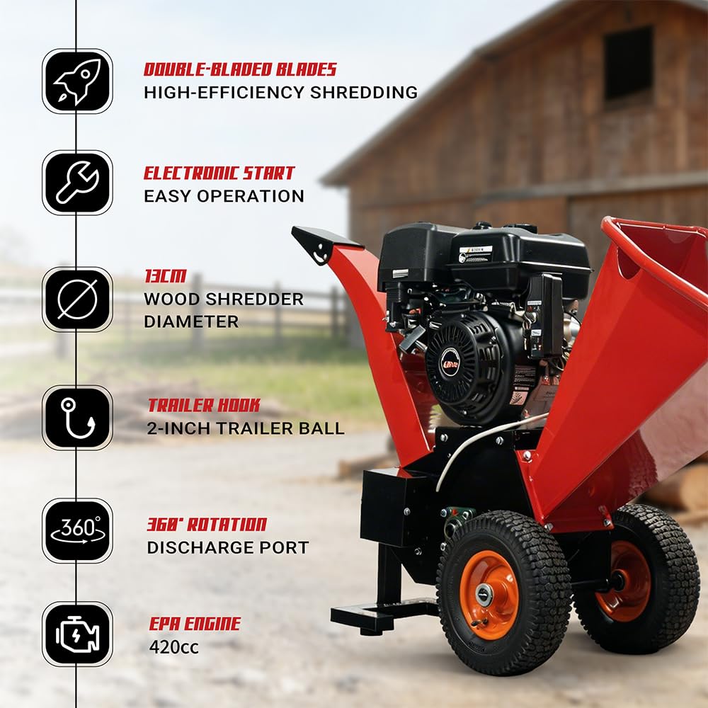 SDLANCH Gas Powered Wood Chipper Shredder Mulcher 7HP 420cc Engine, Red,Forest,Farm,