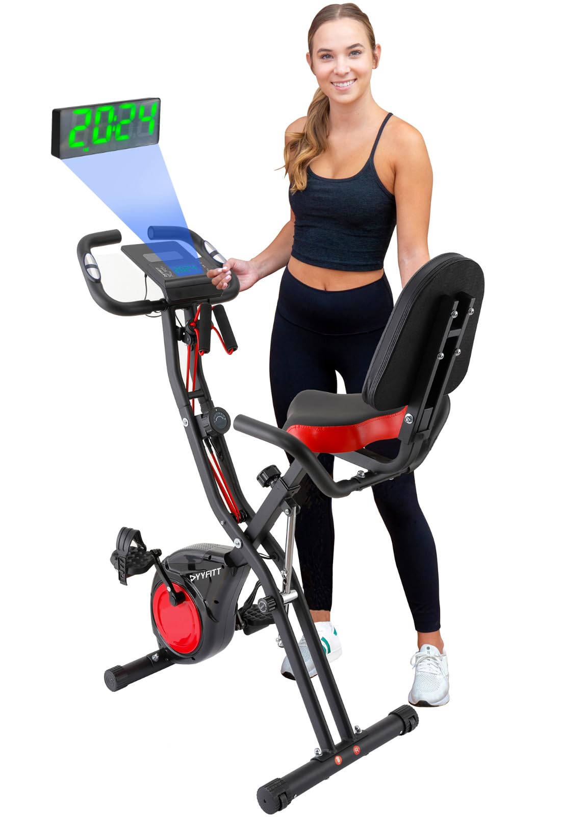 YYFITT 3-IN-1 Exercise Bike with Luminous Digits Display | Folding Stationary Bikes for Home Seniors | Compact Workout Bike with Fully Support Backrest - Wider Seat - 16 Level Magnetic Resistance