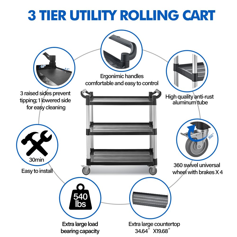 Imaboie Utility Rolling Carts with Wheels, Large Plastic Service Carts, Heavy Duty Restaurant Cart with 4 Brake Lockable Wheels for Kitchen/Office/Warehouse (3 Tier-40.1×19.7×38.1inches/540lbs)