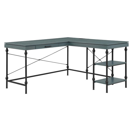 24/7 Shop at Home Monier Farmhouse Metal 2 Shelves Corner Computer Desk with USB Port, Power Outlet, 1 Drawer for Workstation, Home Office, Study Room, Antique Blue