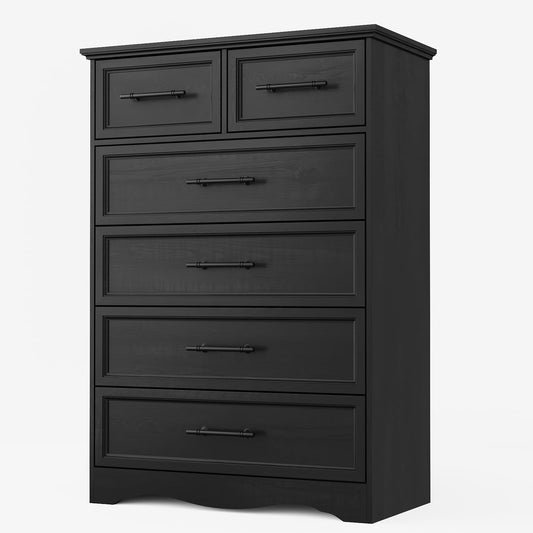 YANSNWO Black Farmhouse Dresser for Bedroom, Modern 6 Chest of Drawers, 44" Tall Chest of Drawers w/Brushed Metal Handle, Wood Closet Organizers and Storage Cabinet for Bedroom, Living Room, Hallway