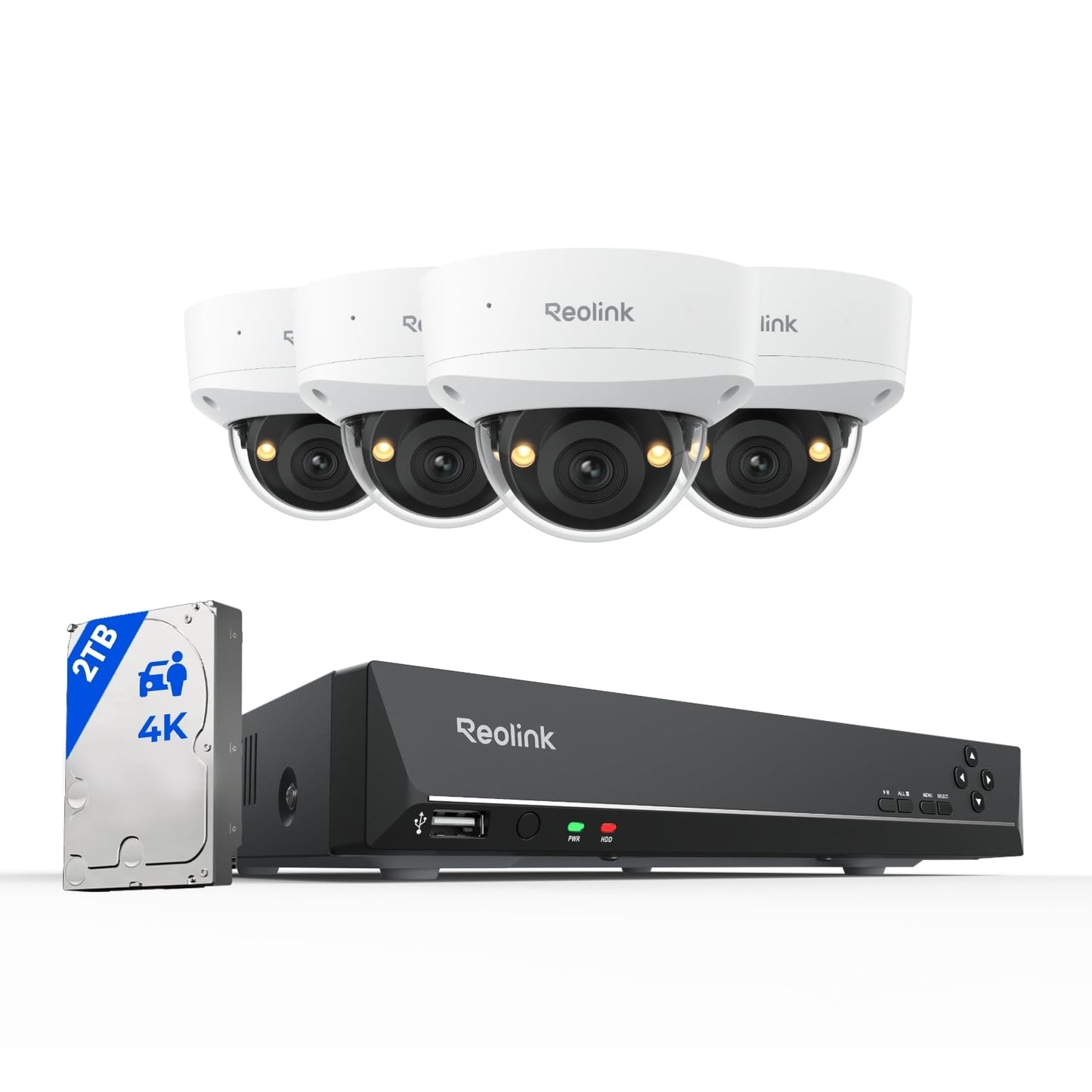 REOLINK 4K Security Camera System, 4pcs 4K UHD IK10 Vandalproof PoE Surveillance Cams Outdoor, 8CH NVR 2TB HDD, Color Night Vision, Smart Detection, 2-Way Talk, IP67 Weatherproof, RLK8-800V4