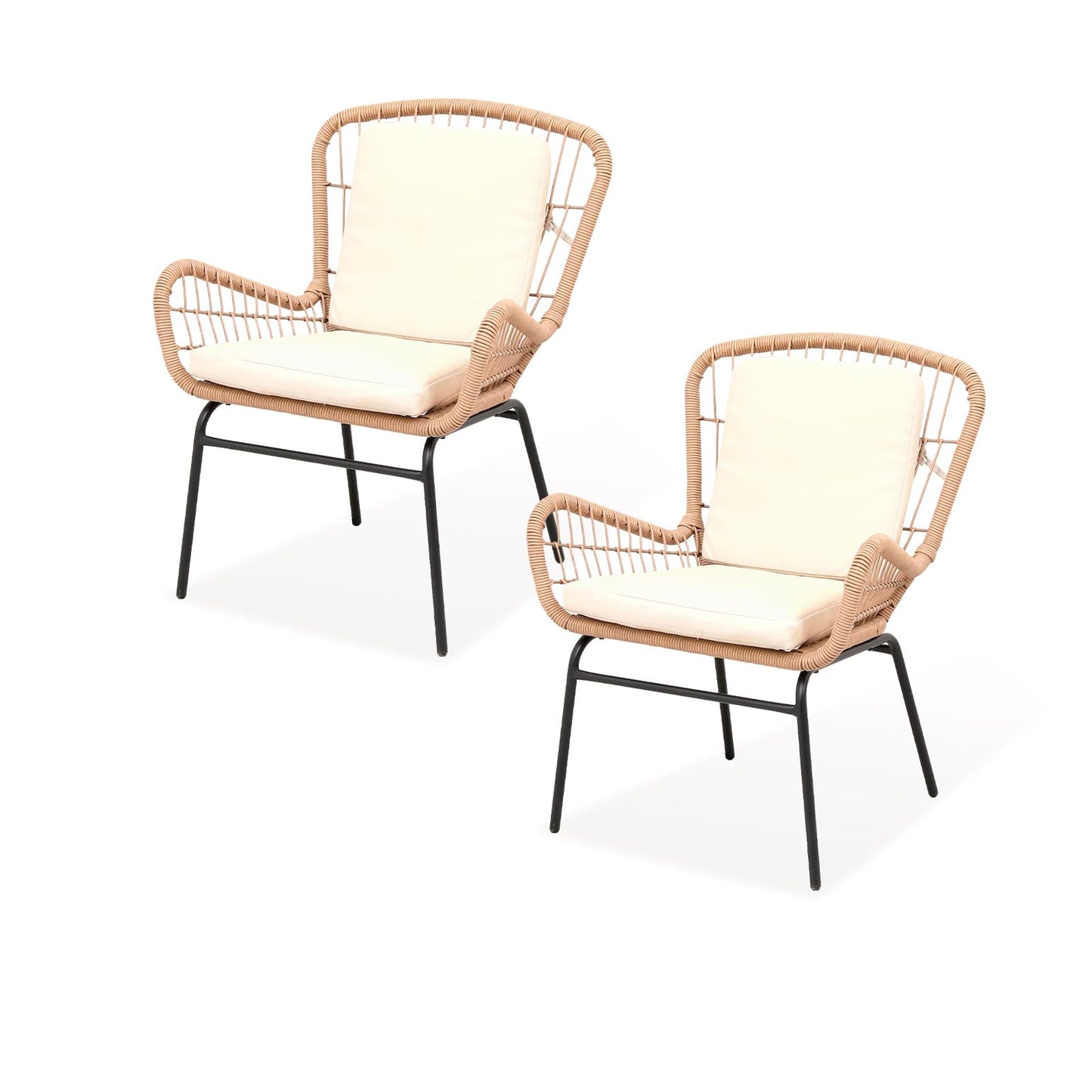 3 Piece Outdoor Rattan Patio Bistro Set with Glass Top Table and 2 Chairs, All Weather Patio Furniture for Backyard, Poolside, Porch, Balcony, Garden, Beige